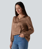 Notched Long Sleeve Work Satin Blouse — Café au Lait — view 3
