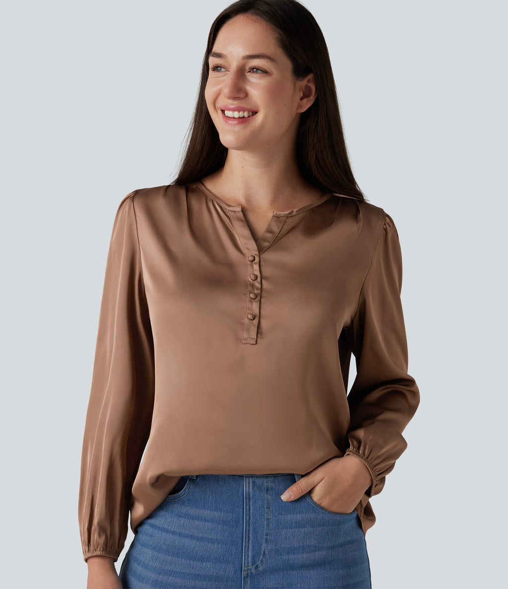 Notched Long Sleeve Work Satin Blouse — Café au Lait — view 4
