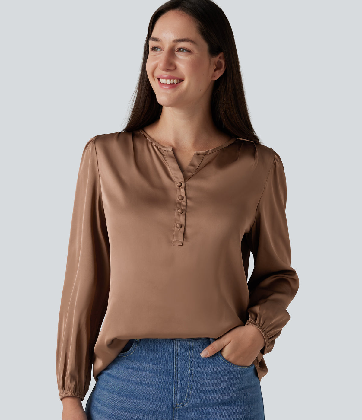 Notched Long Sleeve Work Satin Blouse — Café au Lait — view 4
