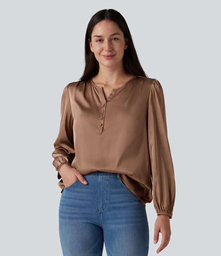 Notched Long Sleeve Work Satin Blouse — Café au Lait — view 1