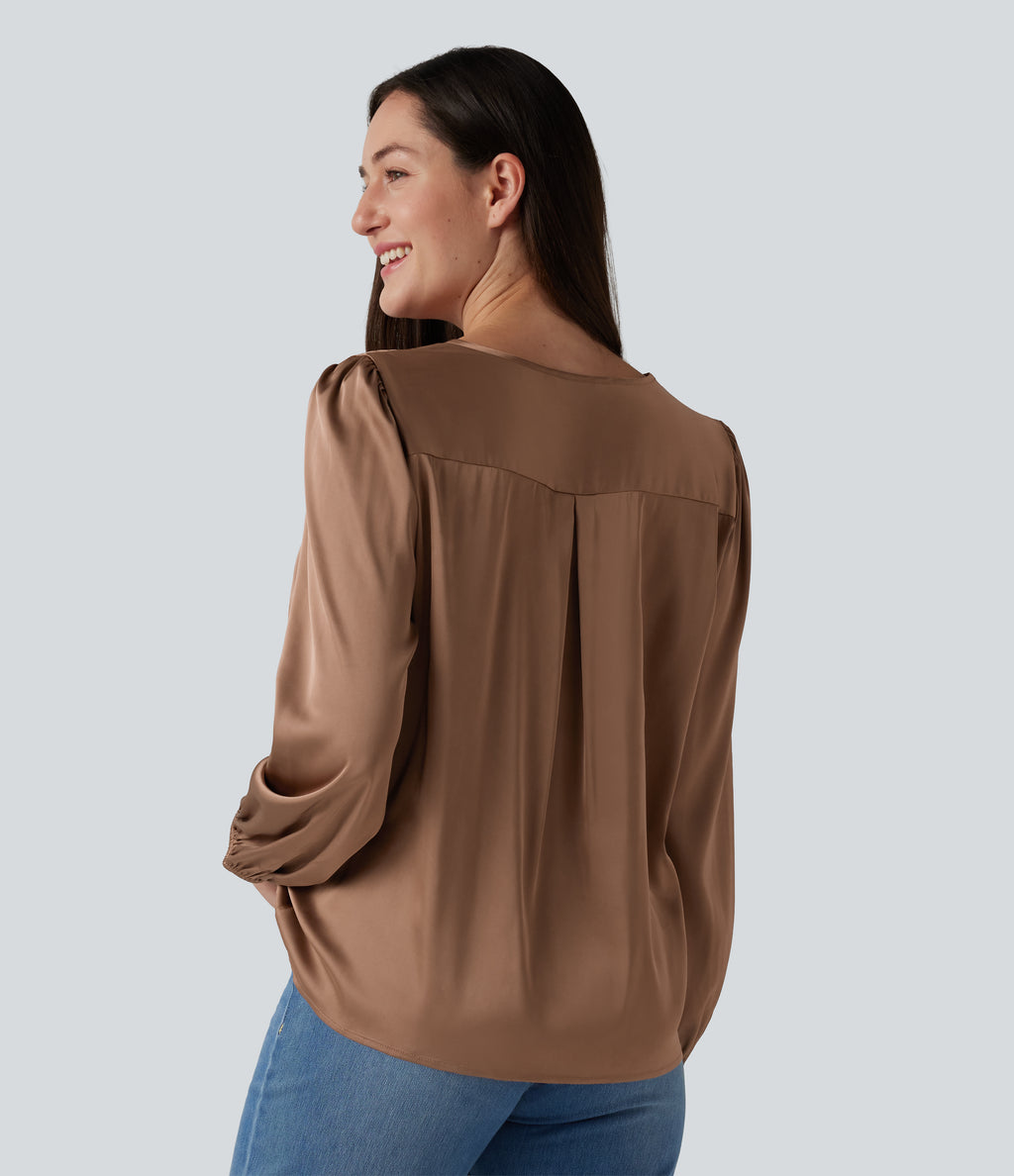 Notched Long Sleeve Work Satin Blouse — Café au Lait — view 2