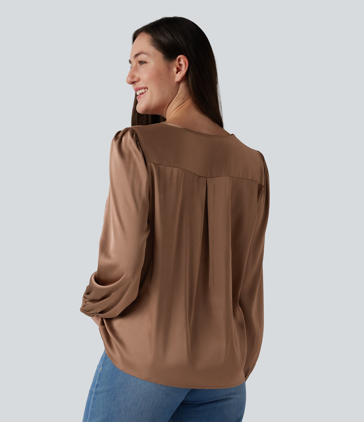 Notched Long Sleeve Work Satin Blouse — Café au Lait — view 2
