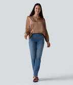 Notched Long Sleeve Work Satin Blouse — Café au Lait — view 6