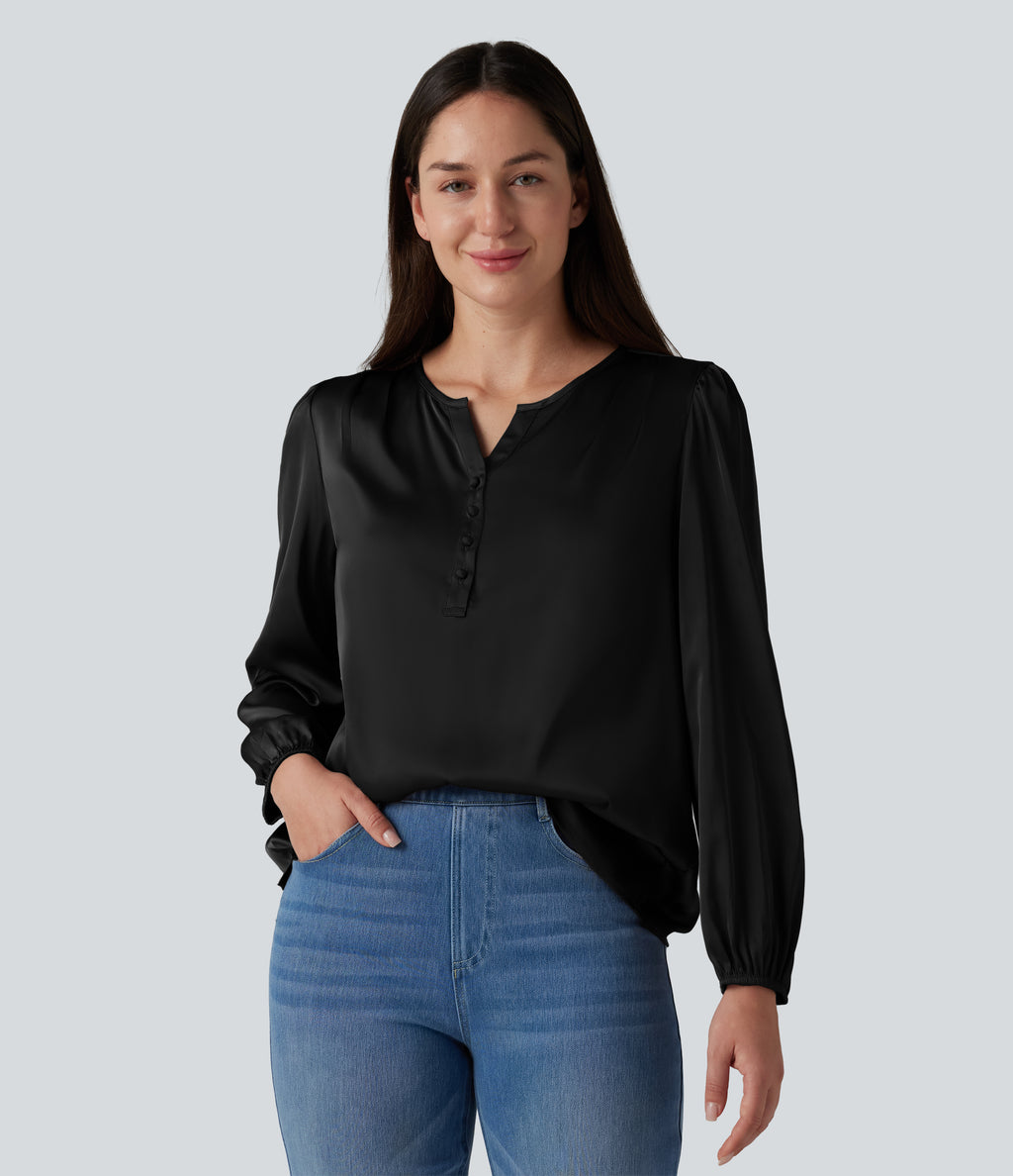 Notched Long Sleeve Work Satin Blouse — Black — view 7
