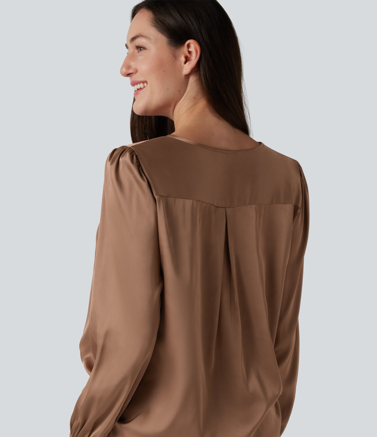 Notched Long Sleeve Work Satin Blouse — Café au Lait — view 5