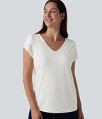 V Neck Petal Short Sleeve Casual T-Shirt — White — view 6