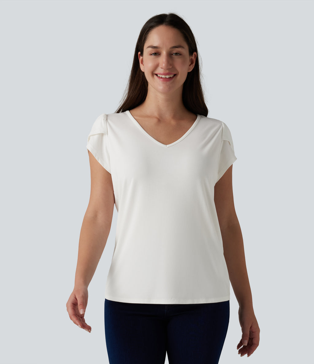V Neck Petal Short Sleeve Casual T-Shirt — White — view 4