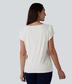 V Neck Petal Short Sleeve Casual T-Shirt — White — view 2