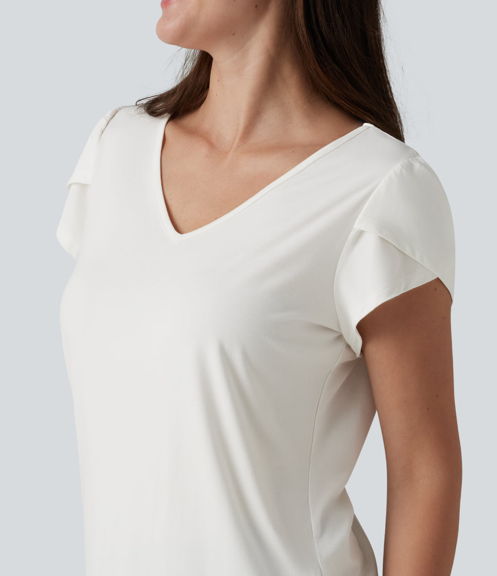 V Neck Petal Short Sleeve Casual T-Shirt — White — view 5