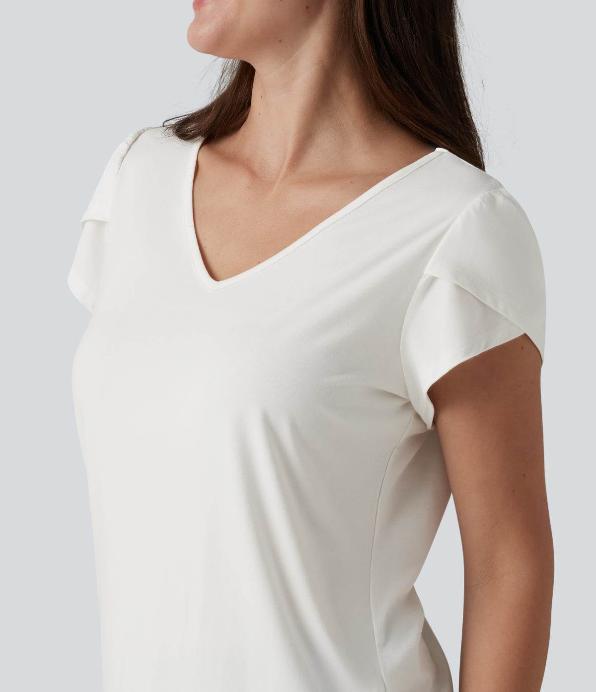 V Neck Petal Short Sleeve Casual T-Shirt — White — view 5