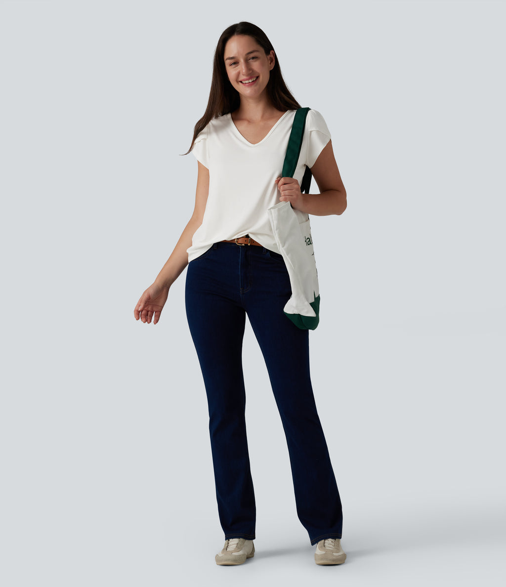 V Neck Petal Short Sleeve Casual T-Shirt — White — view 7