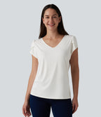 V Neck Petal Short Sleeve Casual T-Shirt — White — view 3