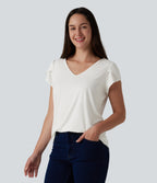 V Neck Petal Short Sleeve Casual T-Shirt — White — view 1
