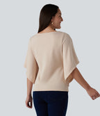 Round Neck Flounce 3/4 Sleeve Casual Blouse — Brazilian Sand — view 2