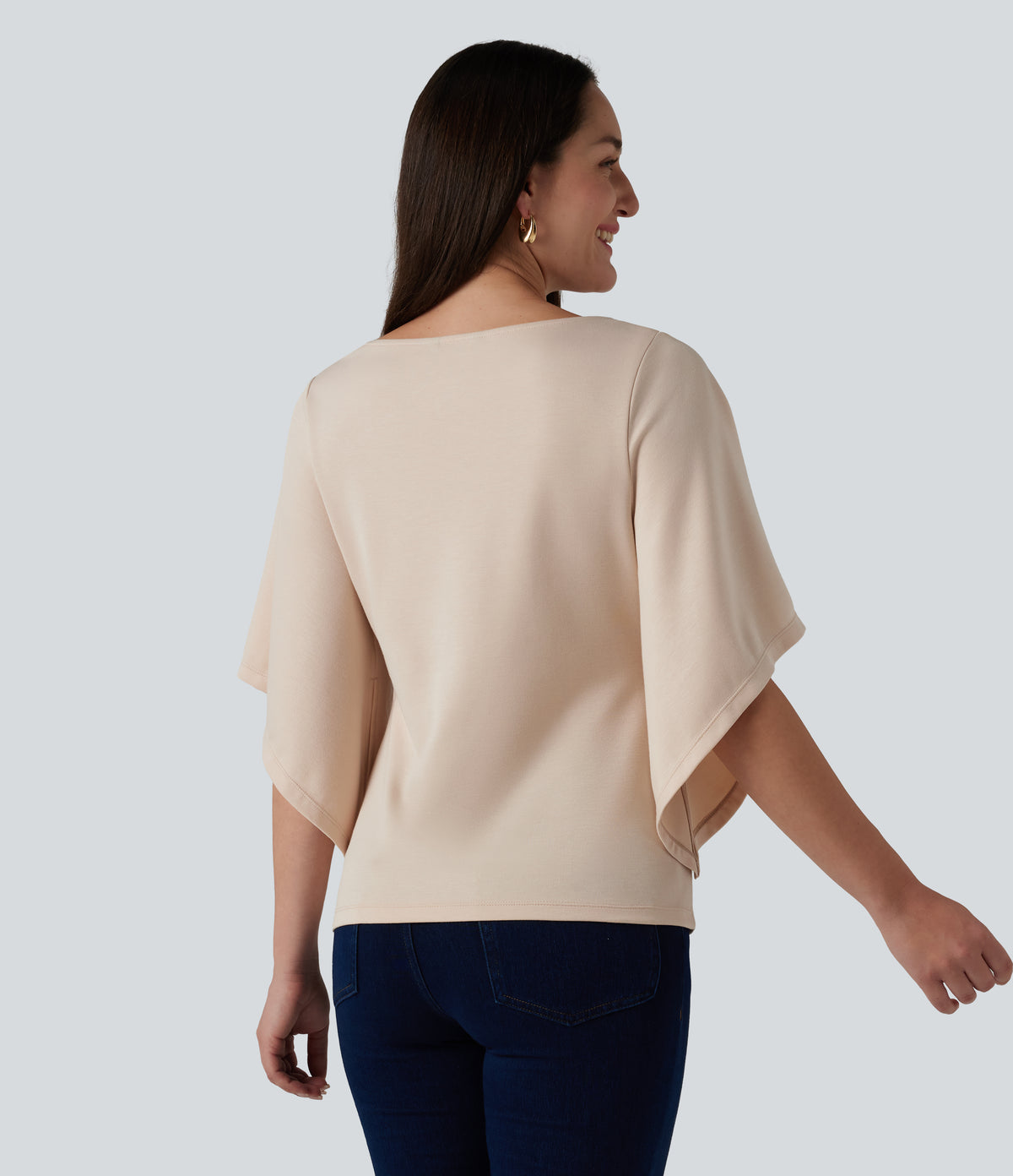 Round Neck Flounce 3/4 Sleeve Casual Blouse — Brazilian Sand — view 2
