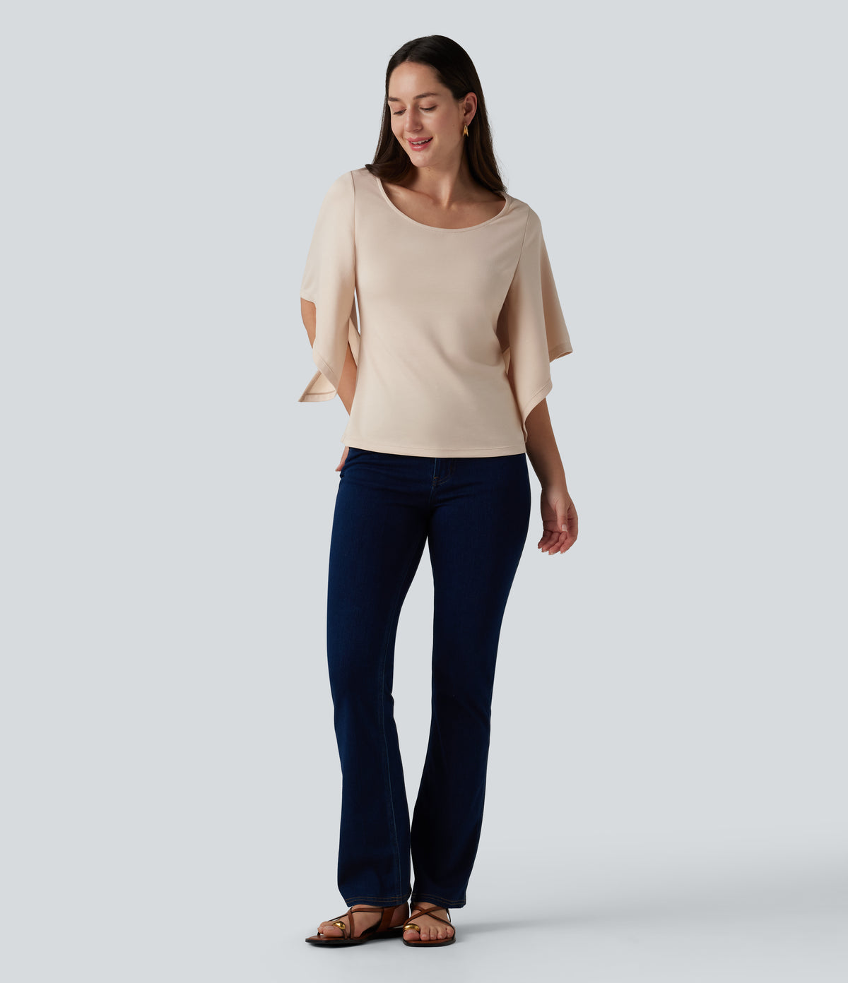 Round Neck Flounce 3/4 Sleeve Casual Blouse — Brazilian Sand — view 5