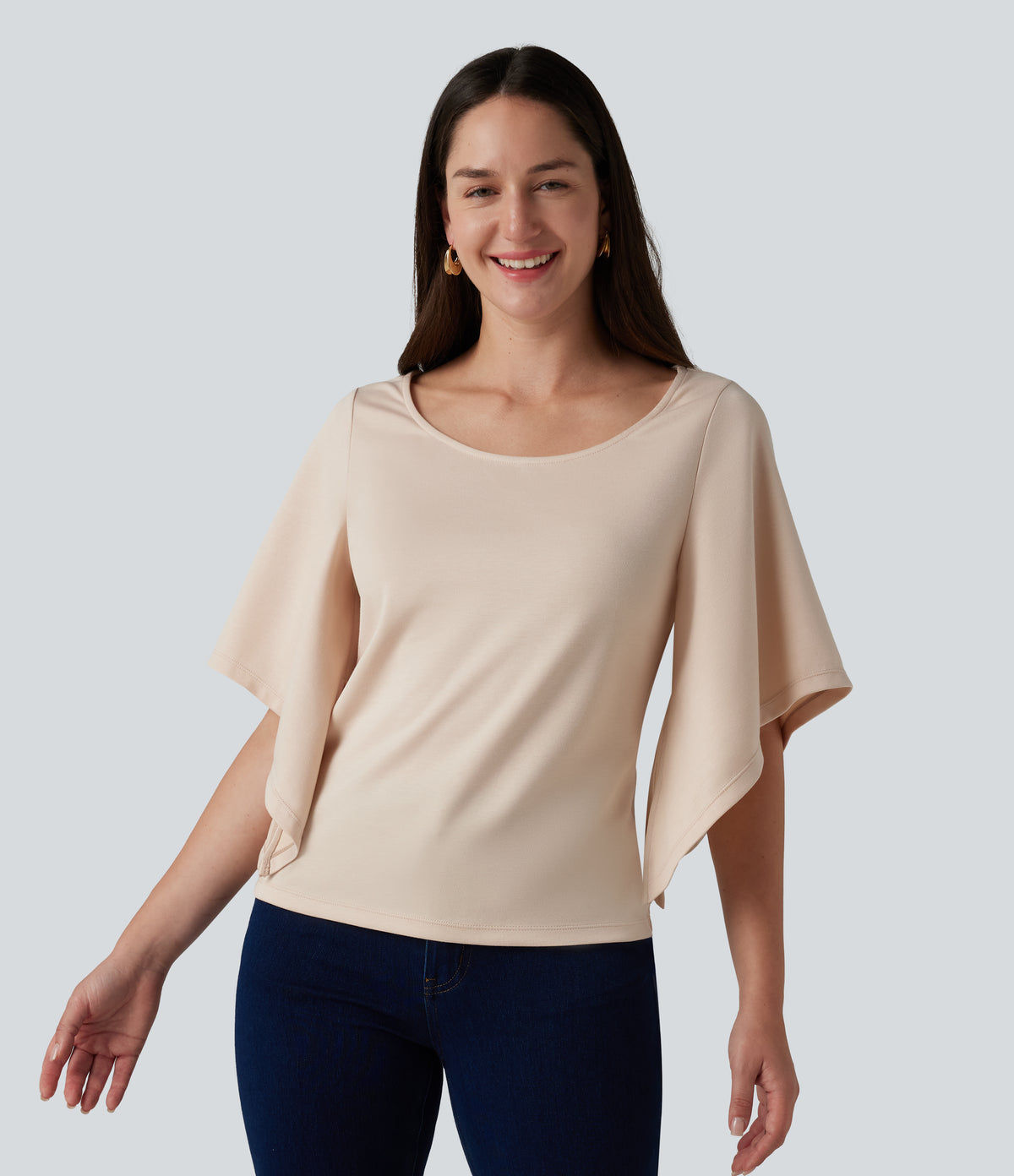 Round Neck Flounce 3/4 Sleeve Casual Blouse — Brazilian Sand — view 3