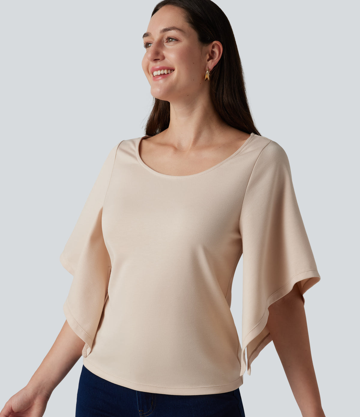 Round Neck Flounce 3/4 Sleeve Casual Blouse — Brazilian Sand — view 1
