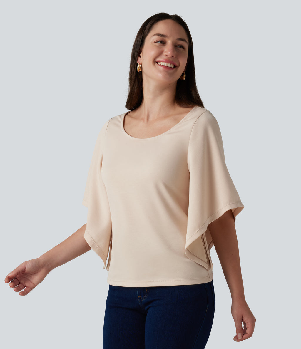Round Neck Flounce 3/4 Sleeve Casual Blouse — Brazilian Sand — view 4