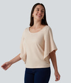 Round Neck Flounce 3/4 Sleeve Casual Blouse — Brazilian Sand — view 4
