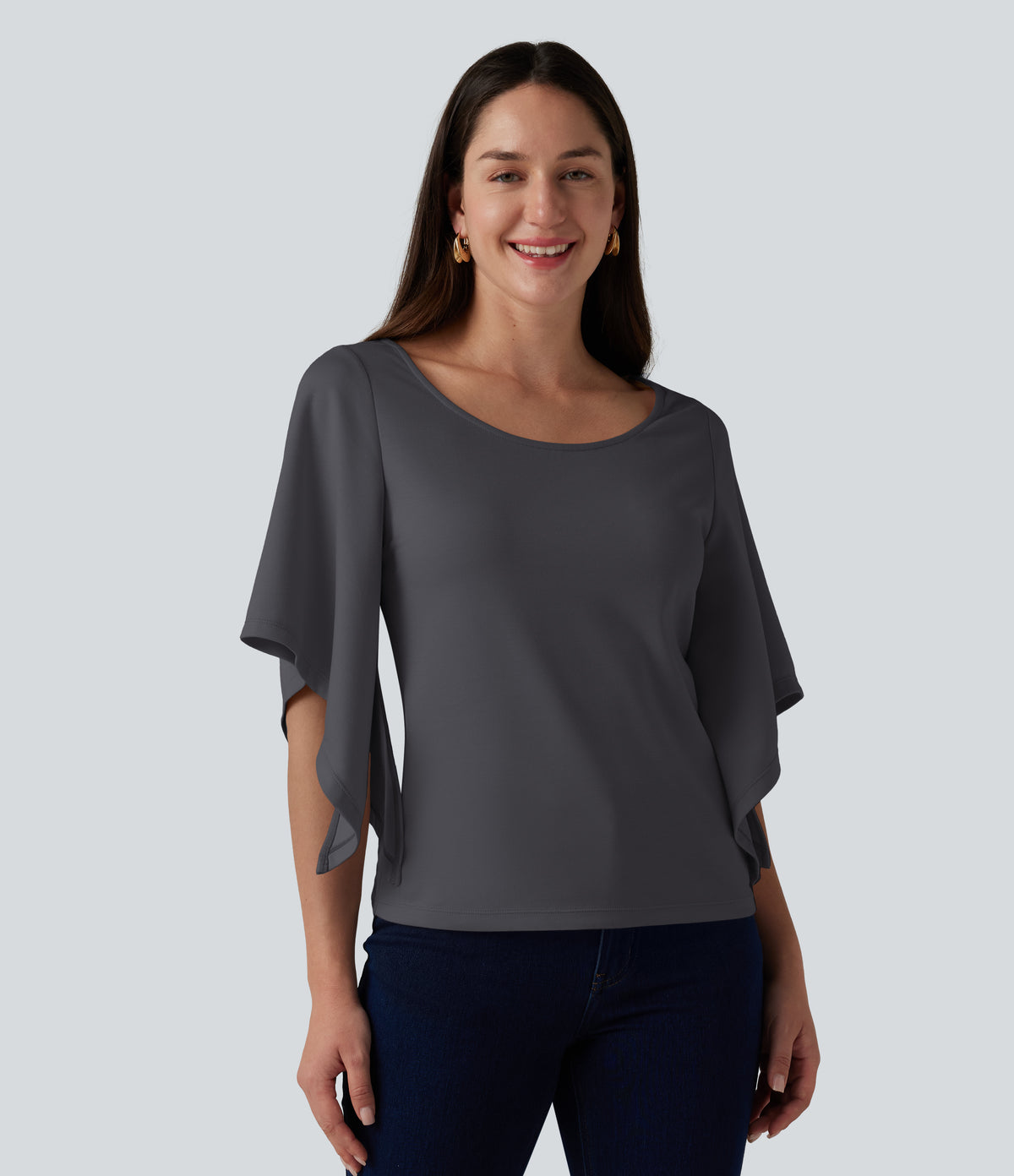 Round Neck Flounce 3/4 Sleeve Casual Blouse — Periscope — view 6