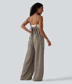 Tie-back Stripes Casual Baggy Dungarees with Pockets — Cocoa Stripe — view 1