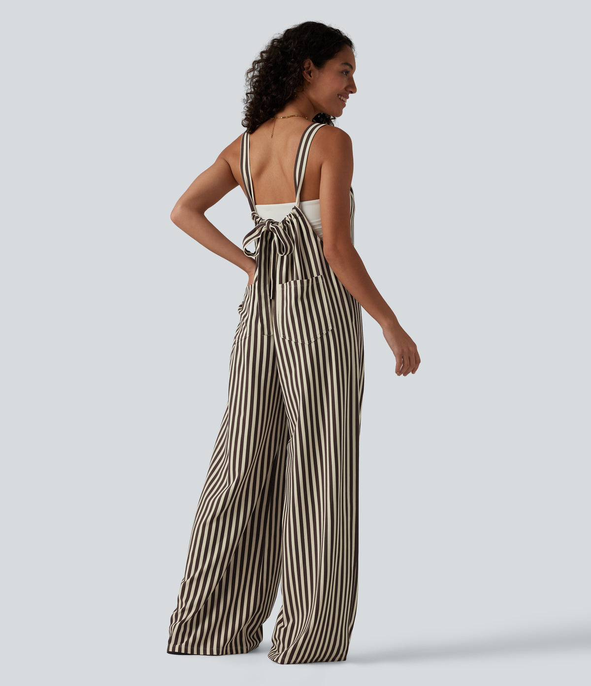 Tie-back Stripes Casual Baggy Dungarees with Pockets — Cocoa Stripe — view 1