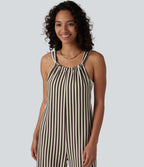 Tie-back Stripes Casual Baggy Dungarees with Pockets — Cocoa Stripe — view 5