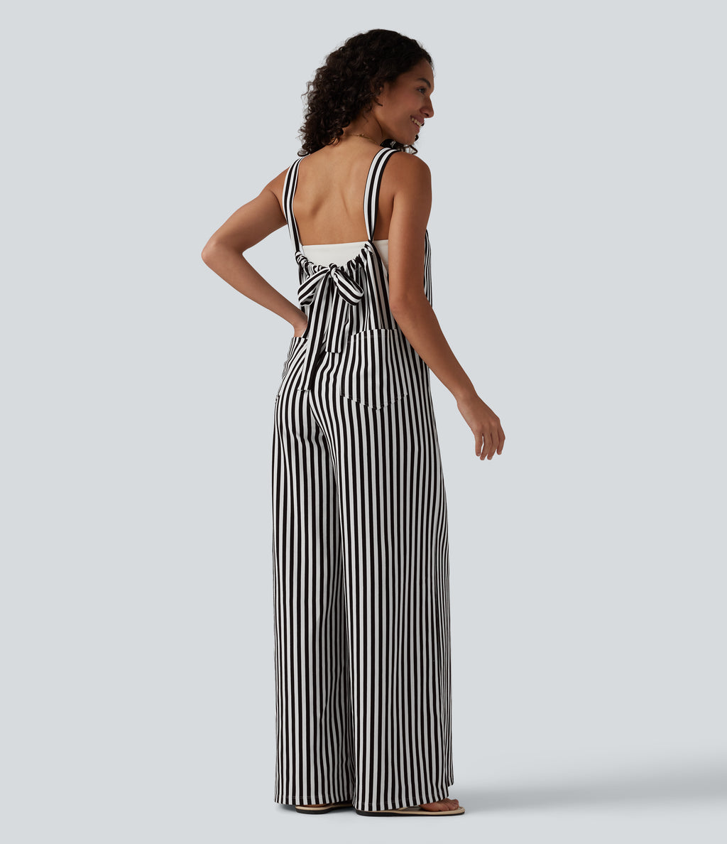 Tie-back Stripes Casual Baggy Dungarees with Pockets — Classic Mono Stripe — view 6