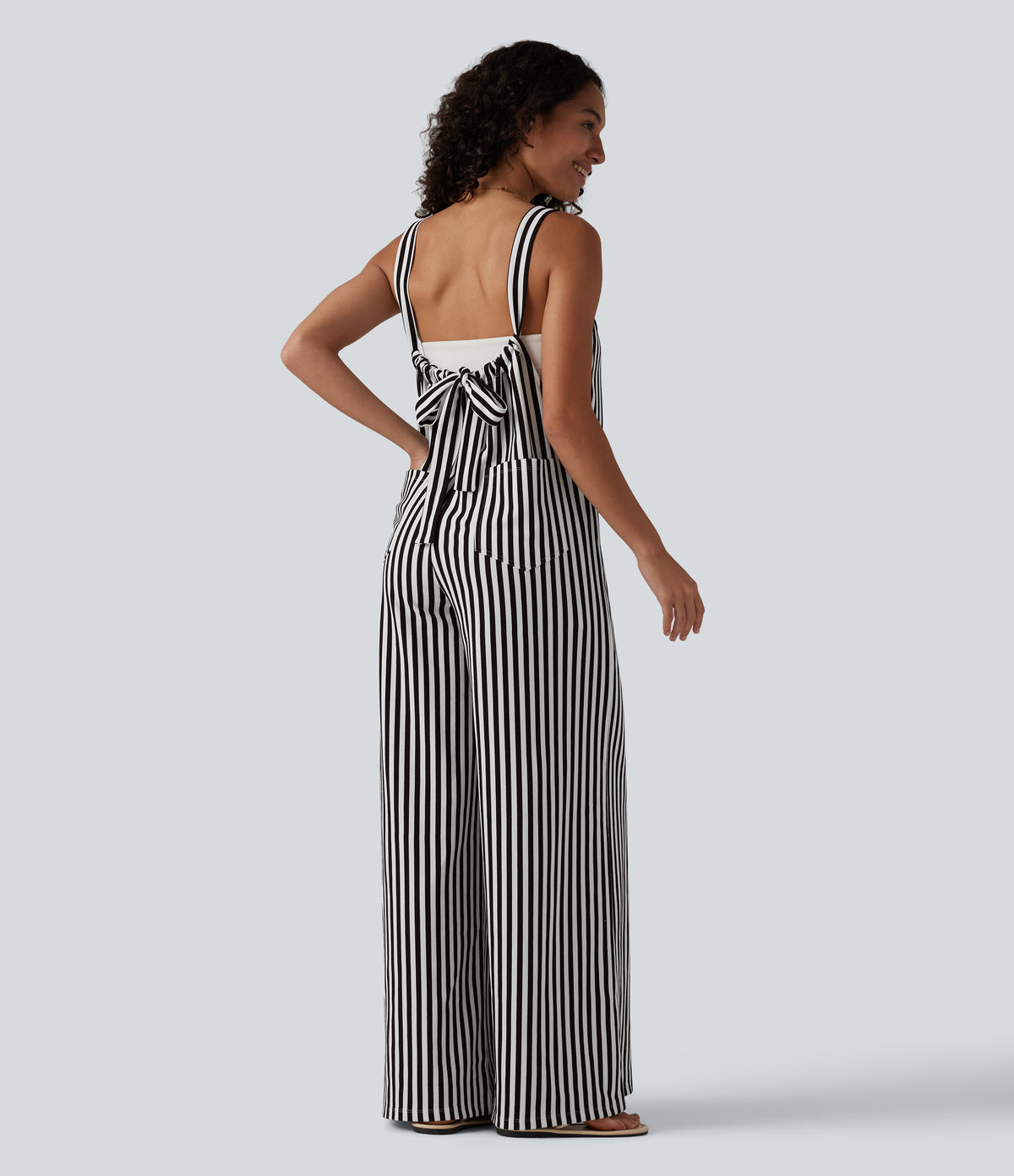 Tie-back Stripes Casual Baggy Dungarees with Pockets — Classic Mono Stripe — view 6