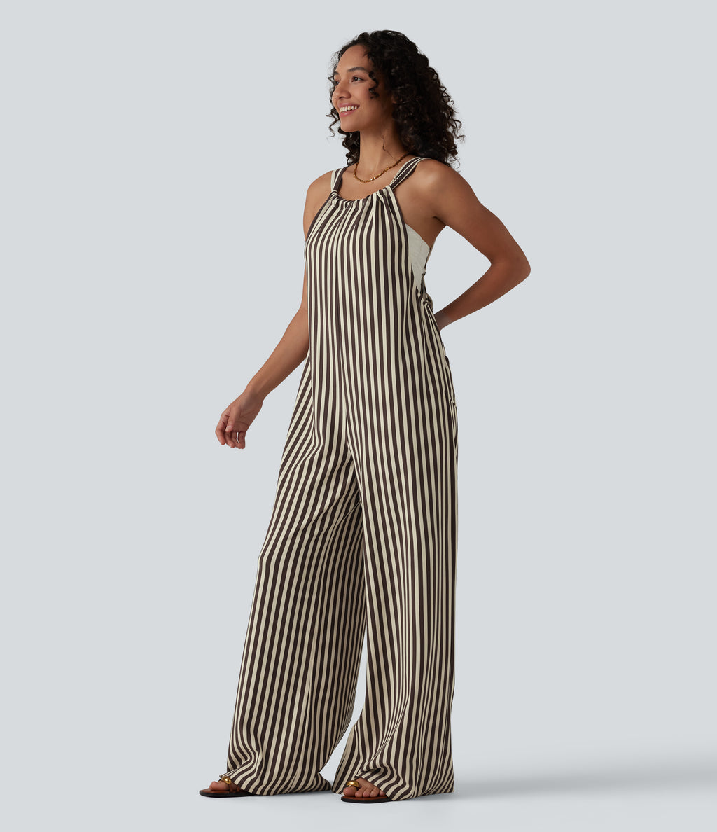Tie-back Stripes Casual Baggy Dungarees with Pockets — Cocoa Stripe — view 3