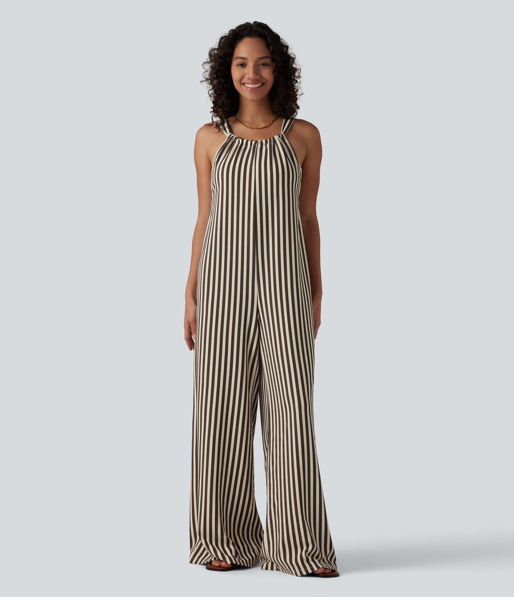 Tie-back Stripes Casual Baggy Dungarees with Pockets — Cocoa Stripe — view 2