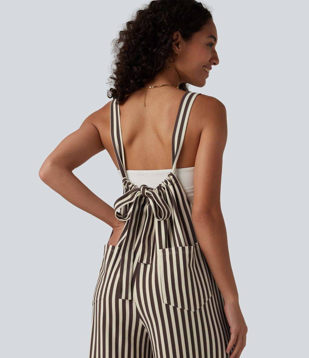 Tie-back Stripes Casual Baggy Dungarees with Pockets — Cocoa Stripe — view 4