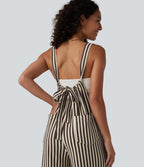 Tie-back Stripes Casual Baggy Dungarees with Pockets — Cocoa Stripe — view 4
