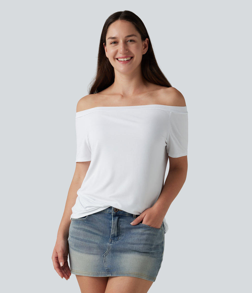 Off-Shoulder Short Sleeve Casual T-Shirt — White — view 1