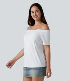 Off-Shoulder Short Sleeve Casual T-Shirt — White — view 5