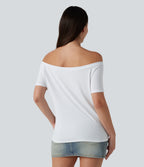 Off-Shoulder Short Sleeve Casual T-Shirt — White — view 2