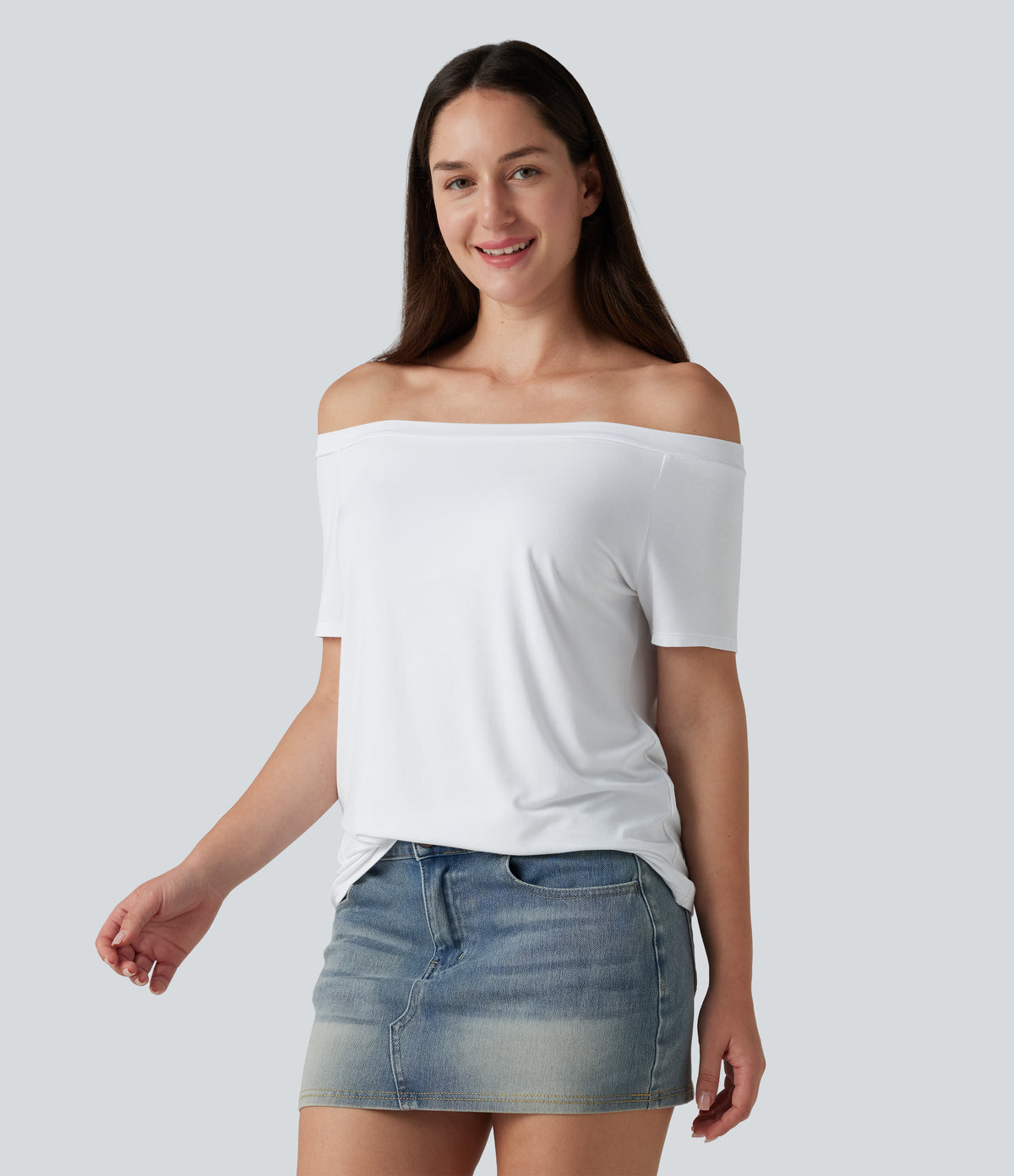 Off-Shoulder Short Sleeve Casual T-Shirt — White — view 3