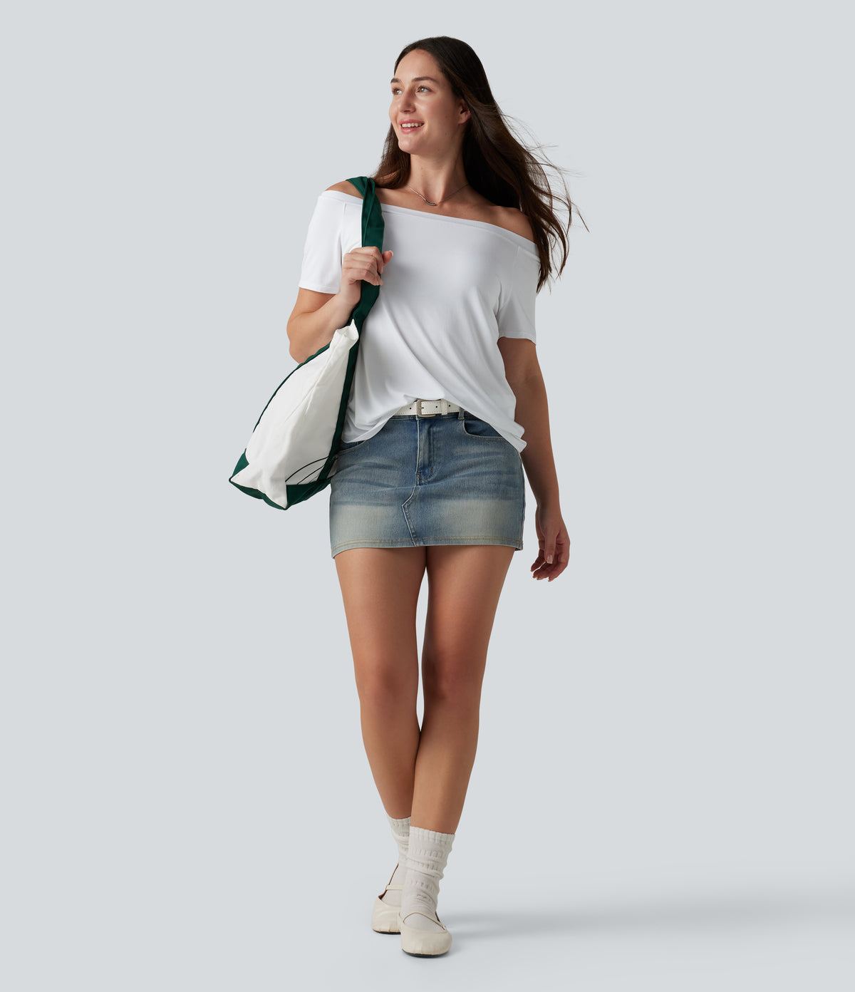 Off-Shoulder Short Sleeve Casual T-Shirt — White — view 6