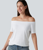 Off-Shoulder Short Sleeve Casual T-Shirt — White — view 4