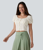 Square Neck Puff Short Sleeve Cropped Top — Gardenia — view 4