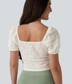 Square Neck Puff Short Sleeve Cropped Top — Gardenia — view 5