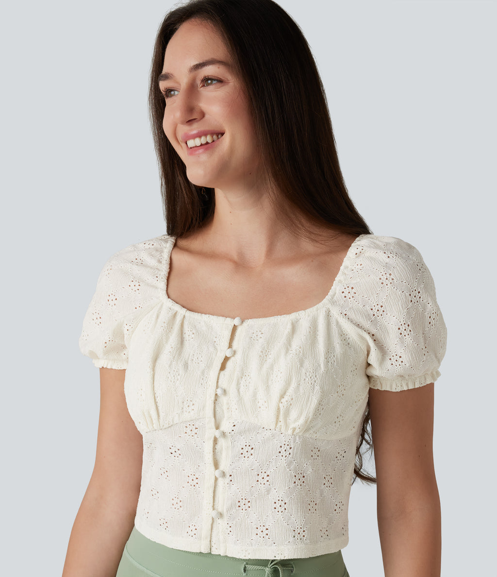 Square Neck Puff Short Sleeve Cropped Top — Gardenia — view 1