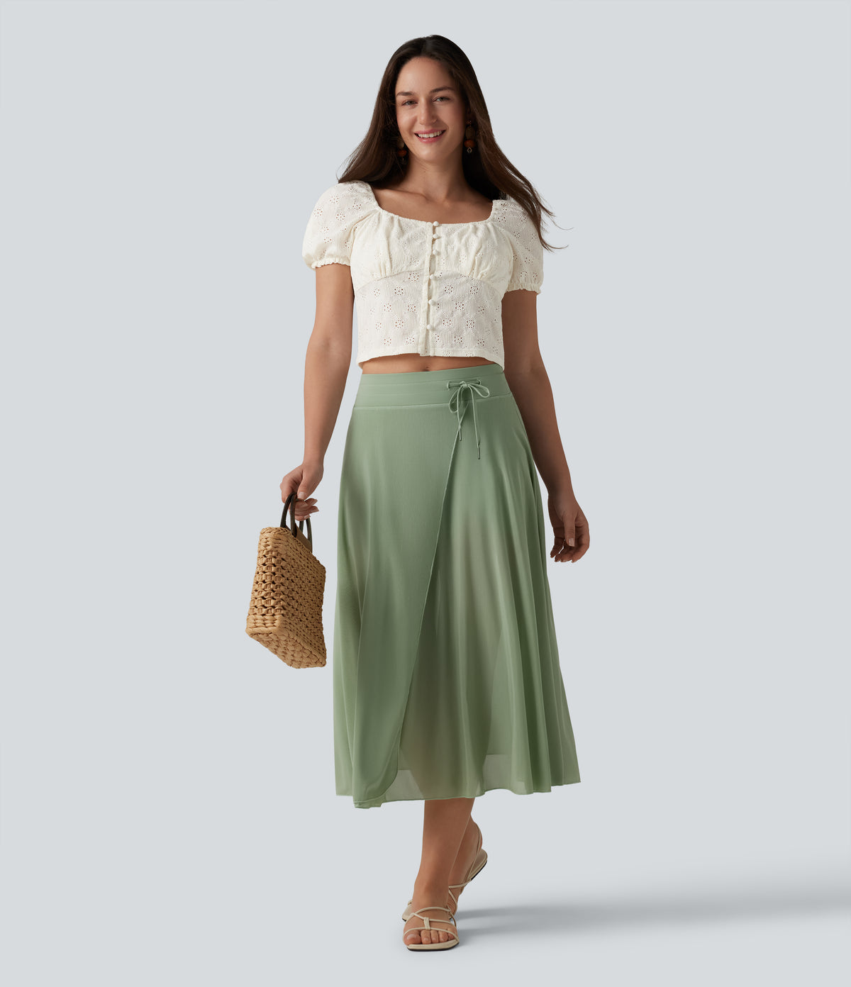 Square Neck Puff Short Sleeve Cropped Top — Gardenia — view 6