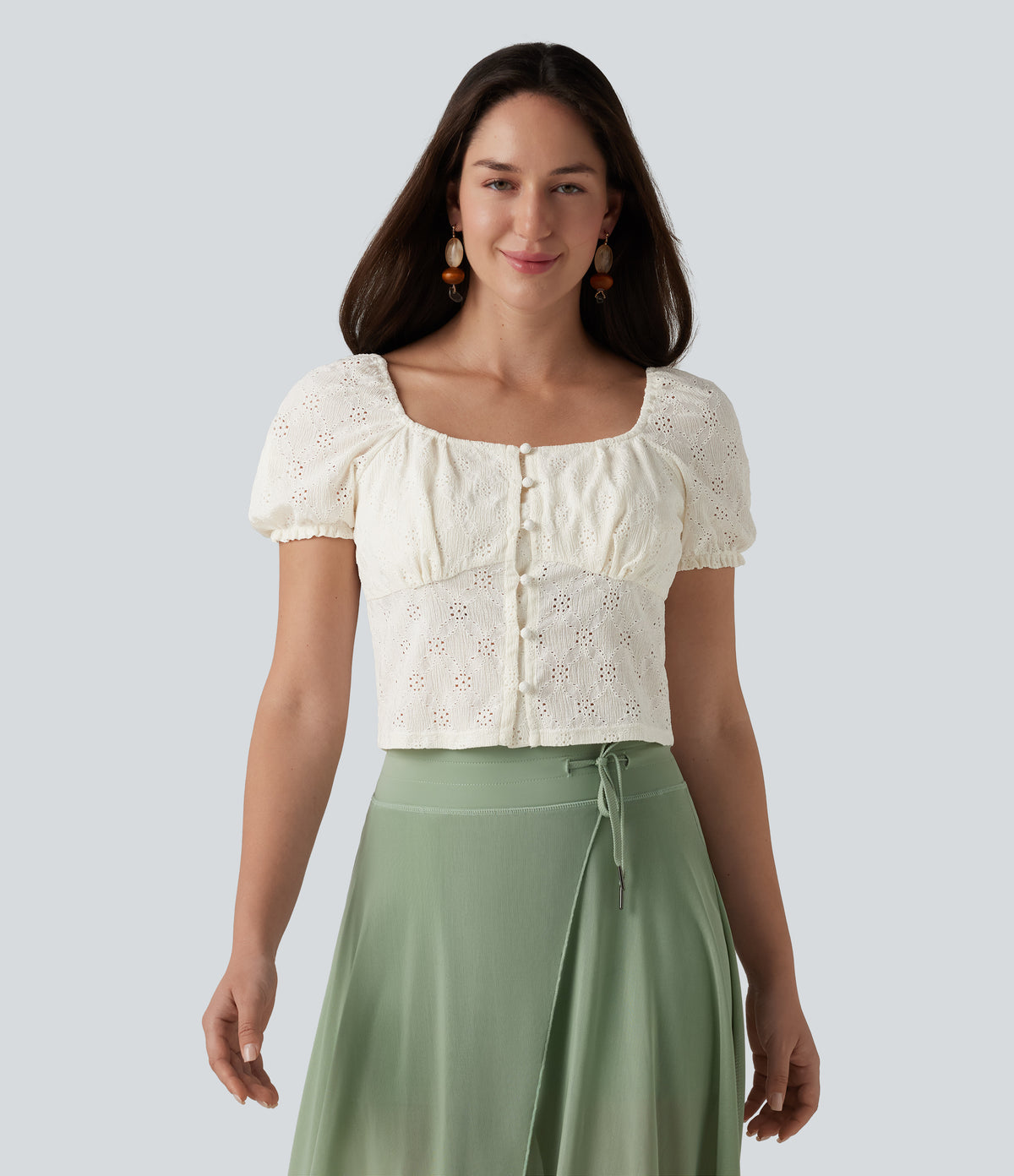 Square Neck Puff Short Sleeve Cropped Top — Gardenia — view 3