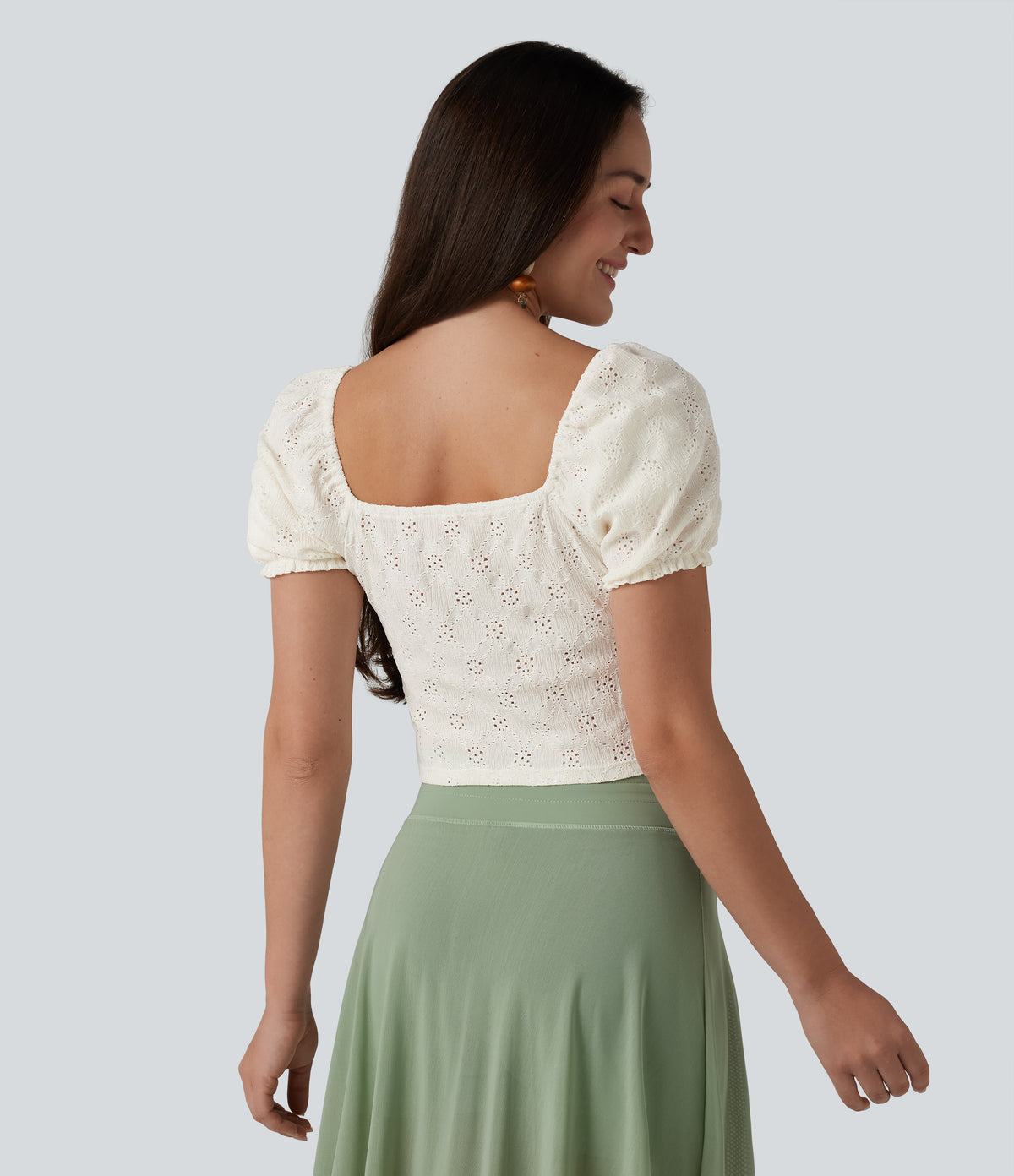 Square Neck Puff Short Sleeve Cropped Top — Gardenia — view 2