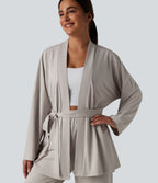 Open Front Long Sleeve Belted Lounge Top — Wind Chime — view 1