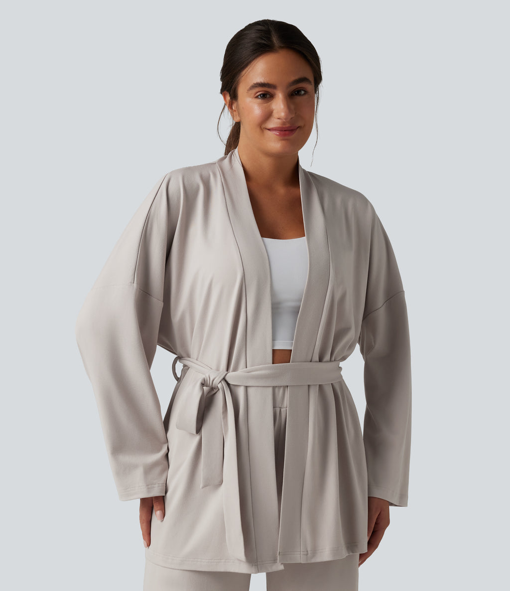 Open Front Long Sleeve Belted Lounge Top — Wind Chime — view 3