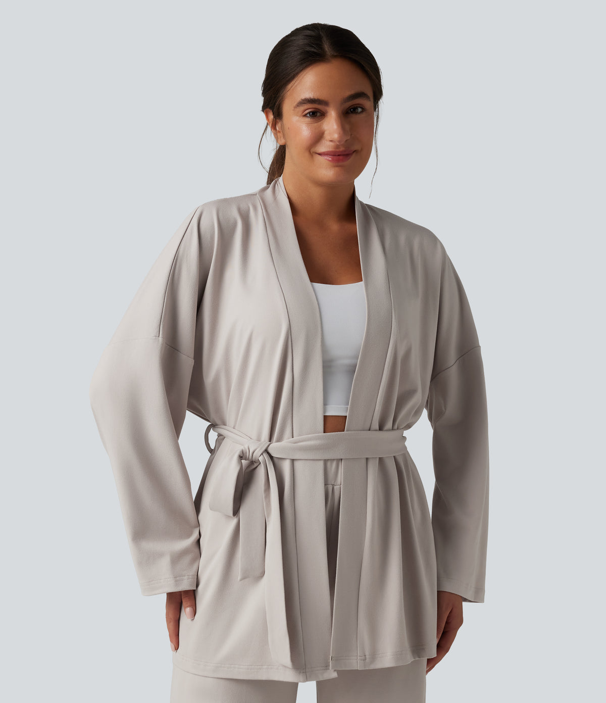 Open Front Long Sleeve Belted Lounge Top — Wind Chime — view 3