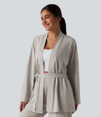 Open Front Long Sleeve Belted Lounge Top — Wind Chime — view 4